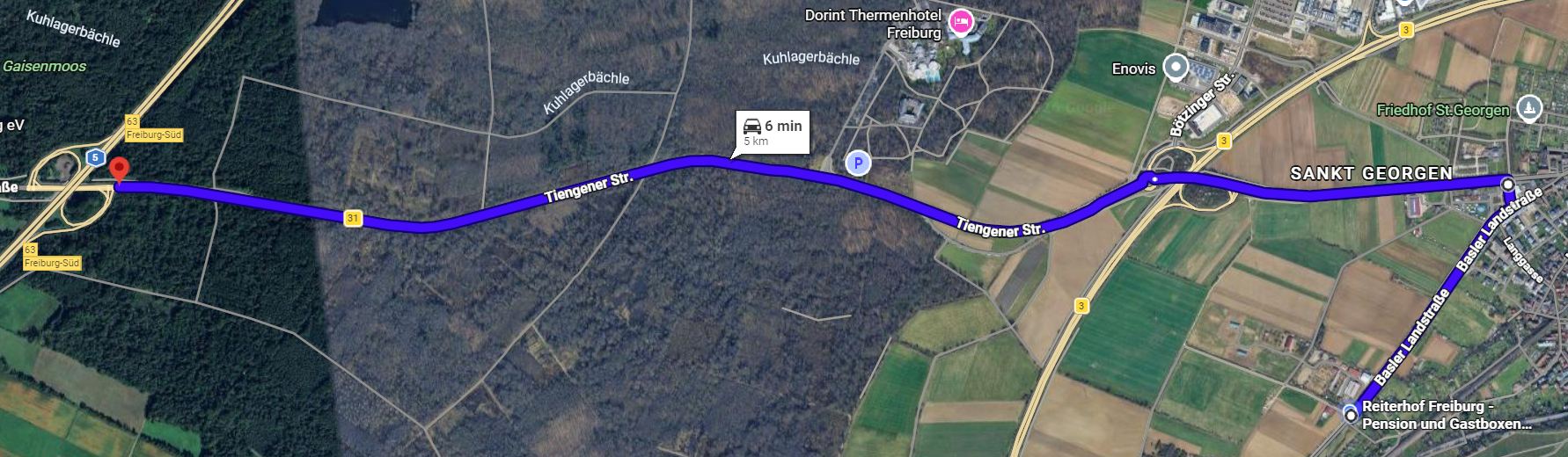 Kartenausschnitt: Route von der A5 zum Reiterhof Freiburg